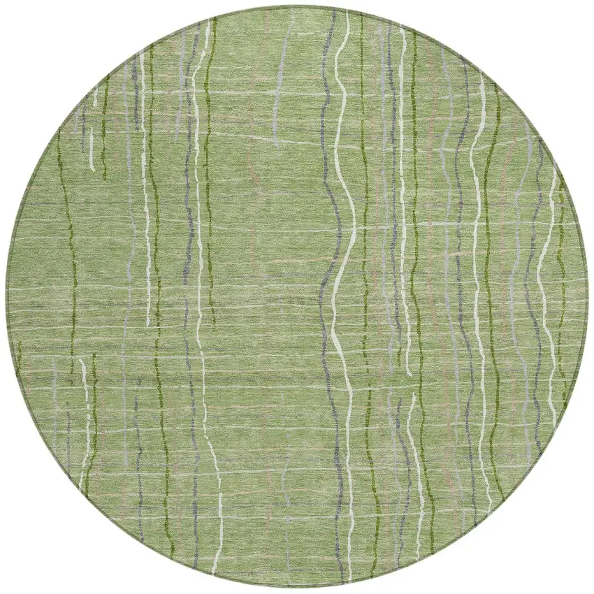 8' Green Ivory And Gray Round Striped Washable Indoor Outdoor Area Rug Photo 5