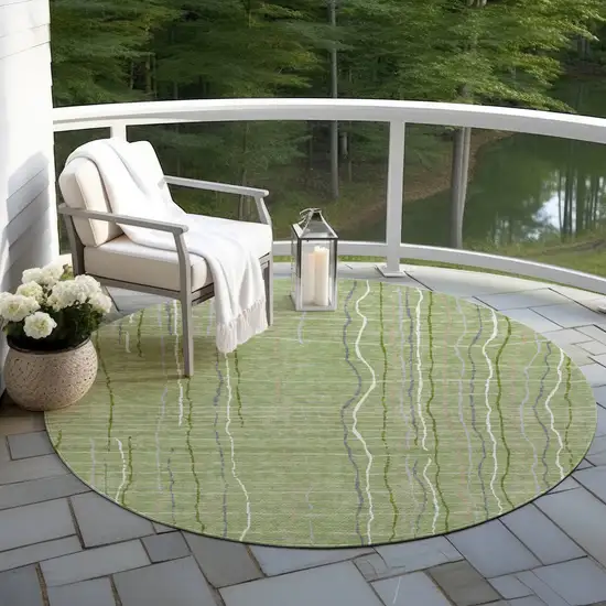 8' Green Ivory And Gray Round Striped Washable Indoor Outdoor Area Rug Photo 7