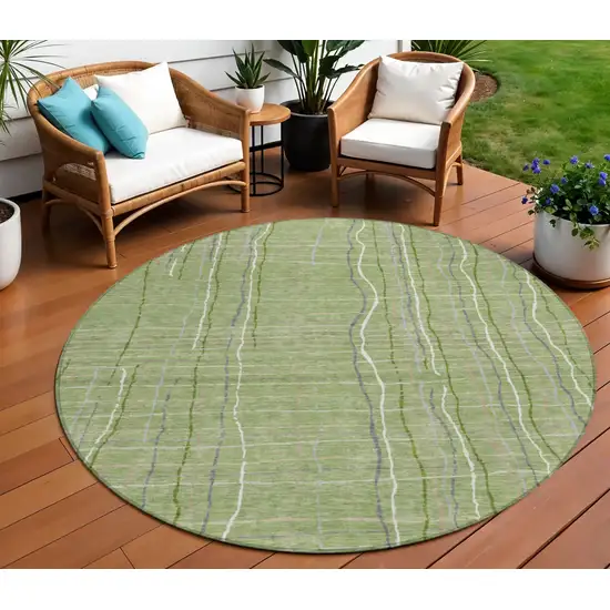 8' Green Ivory And Gray Round Striped Washable Indoor Outdoor Area Rug Photo 1