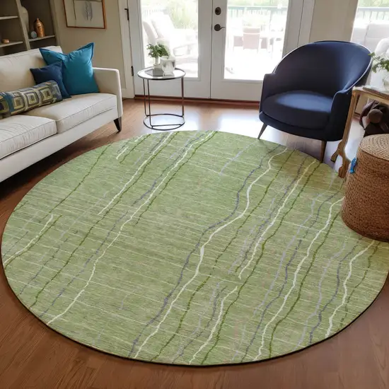 8' Green Ivory And Gray Round Striped Washable Indoor Outdoor Area Rug Photo 8