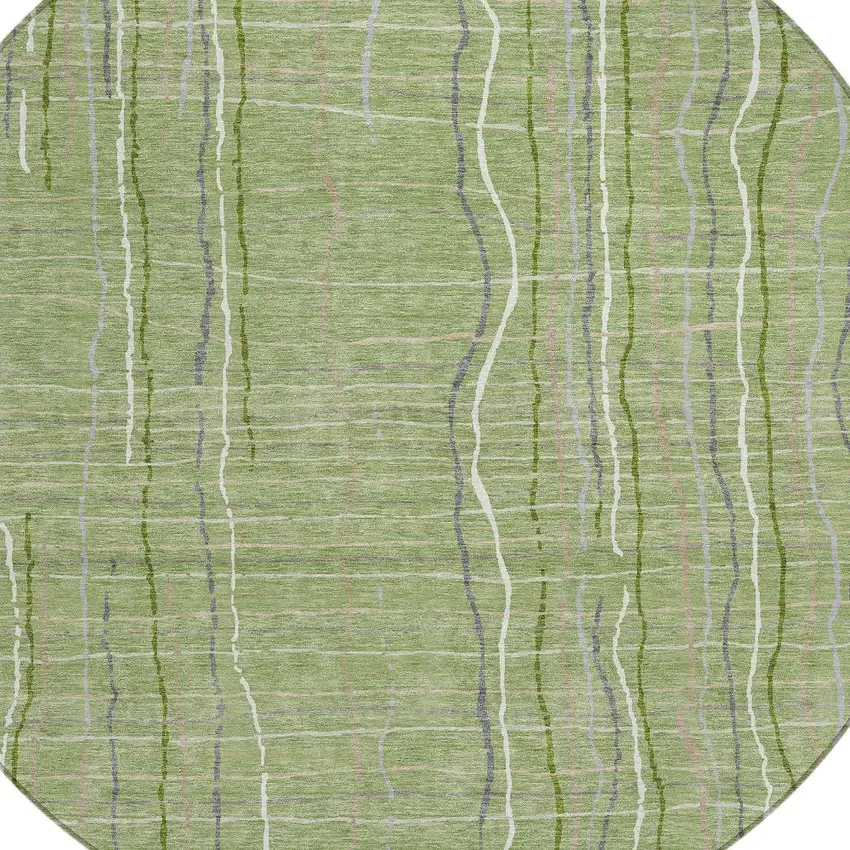 8' Green Ivory And Gray Round Striped Washable Indoor Outdoor Area Rug Photo 4