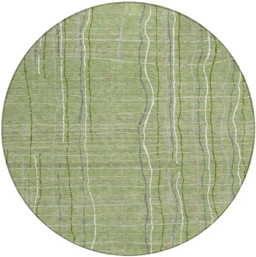 8' Green Ivory And Gray Round Striped Washable Indoor Outdoor Area Rug Photo 2