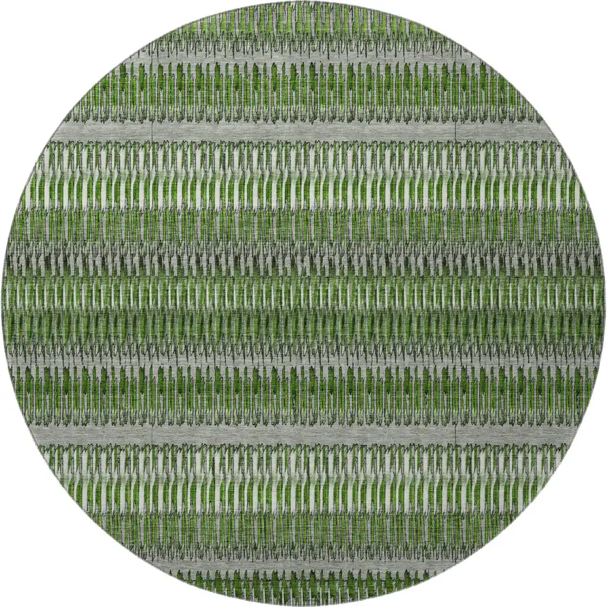 8' Green Ivory And Gray Striped Washable Round Rug With UV Protection Photo 4