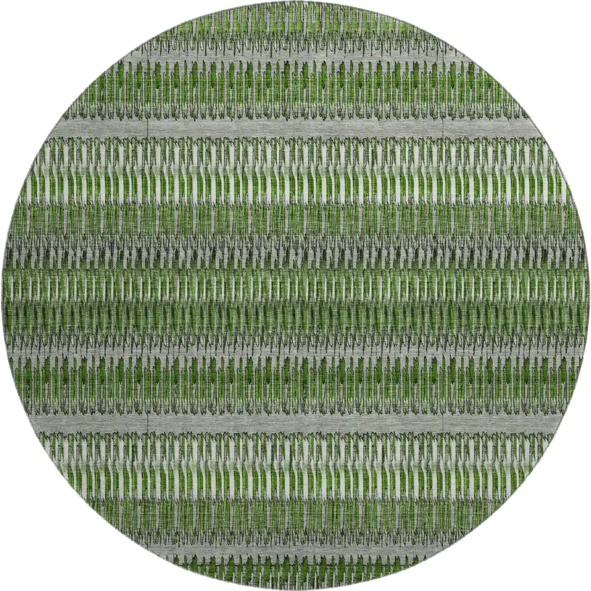 8' Green Ivory And Gray Striped Washable Round Rug With UV Protection Photo 2