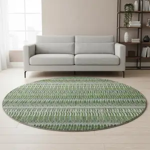 Photo of 8' Green Ivory And Gray Striped Washable Round Rug With UV Protection