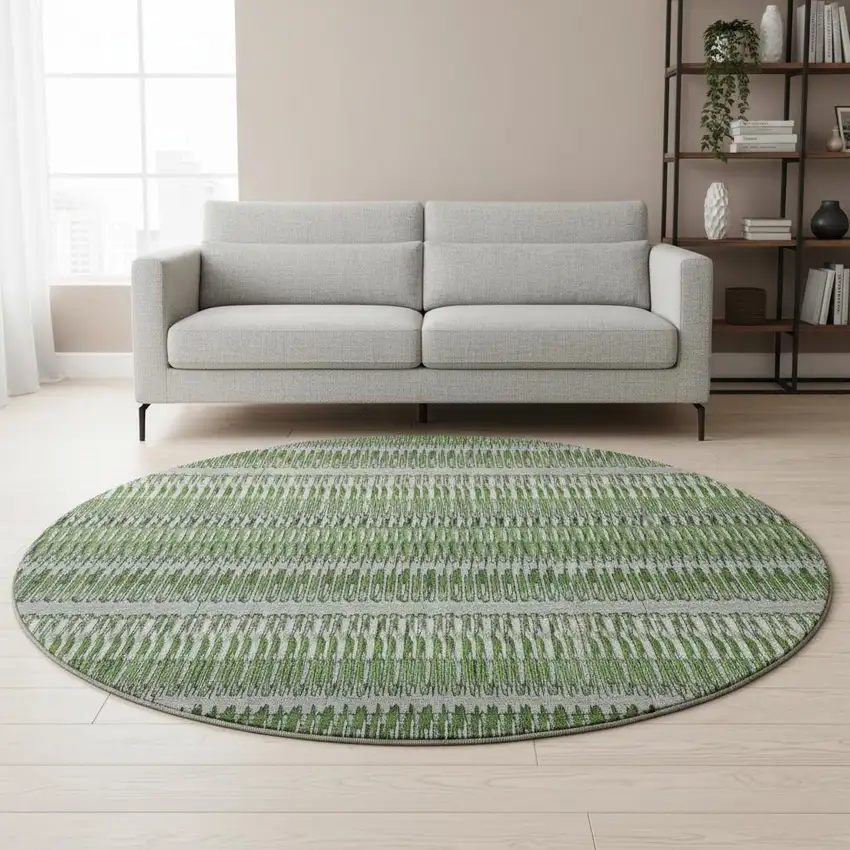 8' Green Ivory And Gray Striped Washable Round Rug With UV Protection Photo 2