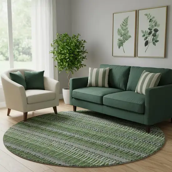 8' Green Ivory And Gray Striped Washable Round Rug With UV Protection Photo 1