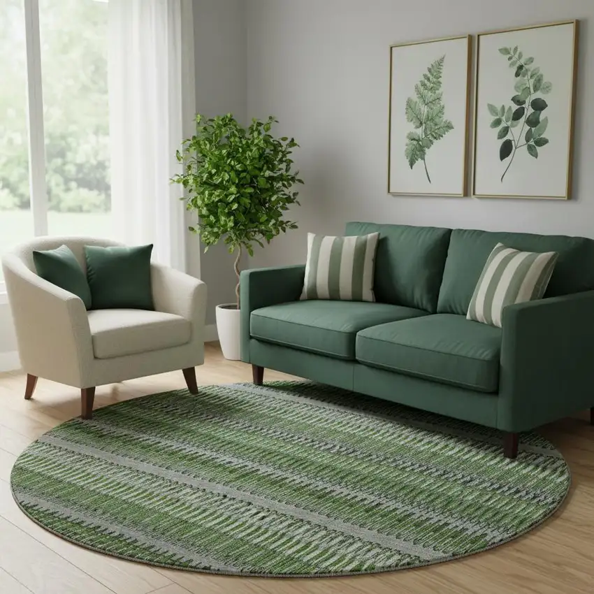 8' Green Ivory And Gray Striped Washable Round Rug With UV Protection Photo 1