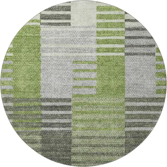 8' Green Ivory And Gray Striped Washable Round Rug With UV Protection Photo 3