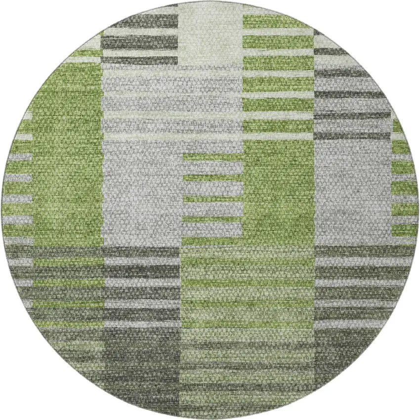 8' Green Ivory And Gray Striped Washable Round Rug With UV Protection Photo 3