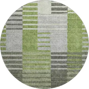 Photo of 8' Green Ivory And Gray Striped Washable Round Rug With UV Protection