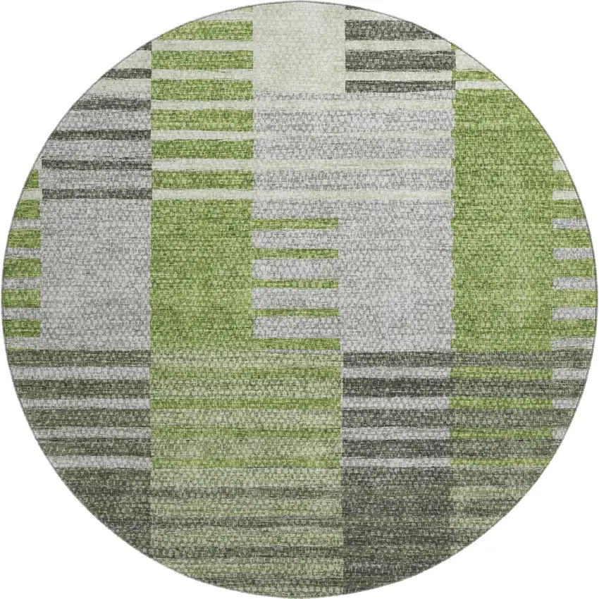 8' Green Ivory And Gray Striped Washable Round Rug With UV Protection Photo 1