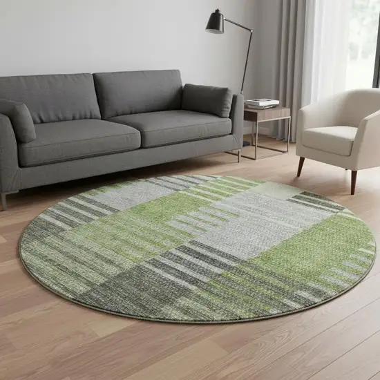 8' Green Ivory And Gray Striped Washable Round Rug With UV Protection Photo 2