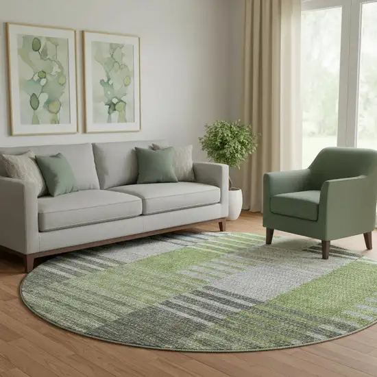 8' Green Ivory And Gray Striped Washable Round Rug With UV Protection Photo 1