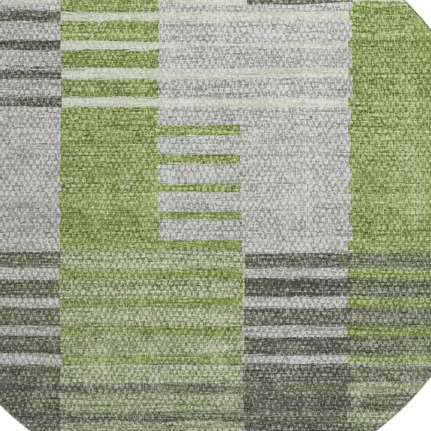 8' Green Ivory And Gray Striped Washable Round Rug With UV Protection Photo 4