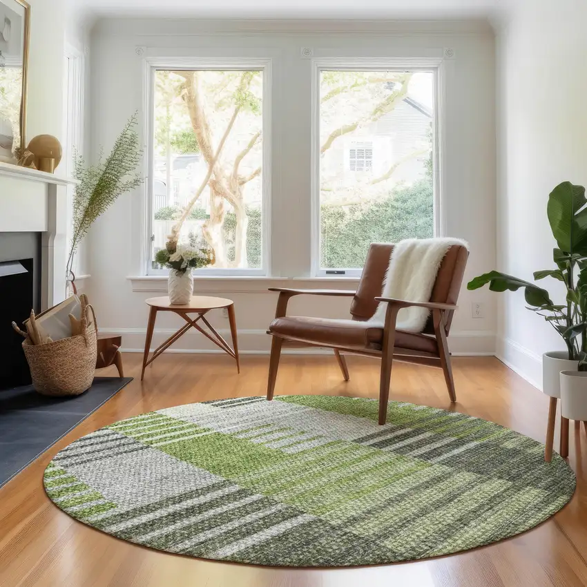 8' Green Ivory And Gray Striped Washable Round Rug With UV Protection Photo 5