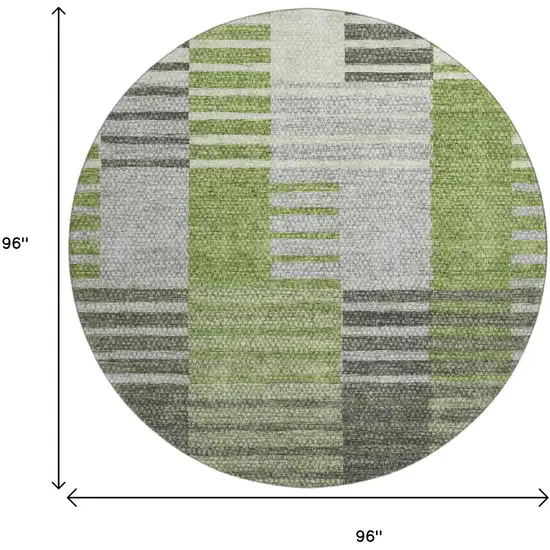 8' Green Ivory And Gray Striped Washable Round Rug With UV Protection Photo 6