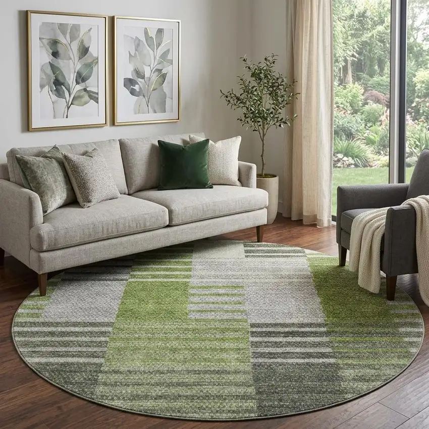 8' Green Ivory And Gray Striped Washable Round Rug With UV Protection Photo 1