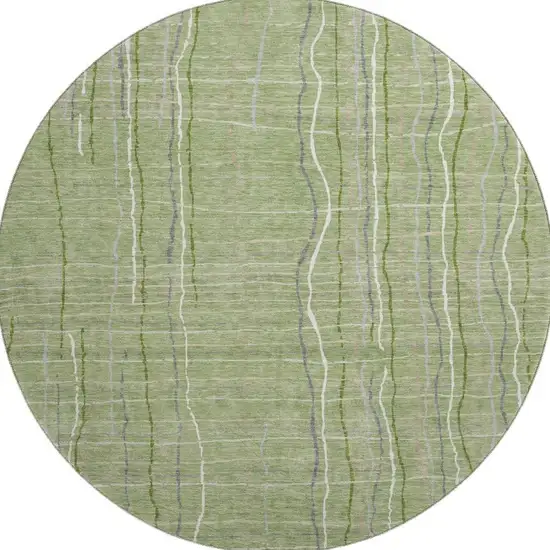 8' Green Ivory And Gray Striped Washable Round Rug With UV Protection Photo 3
