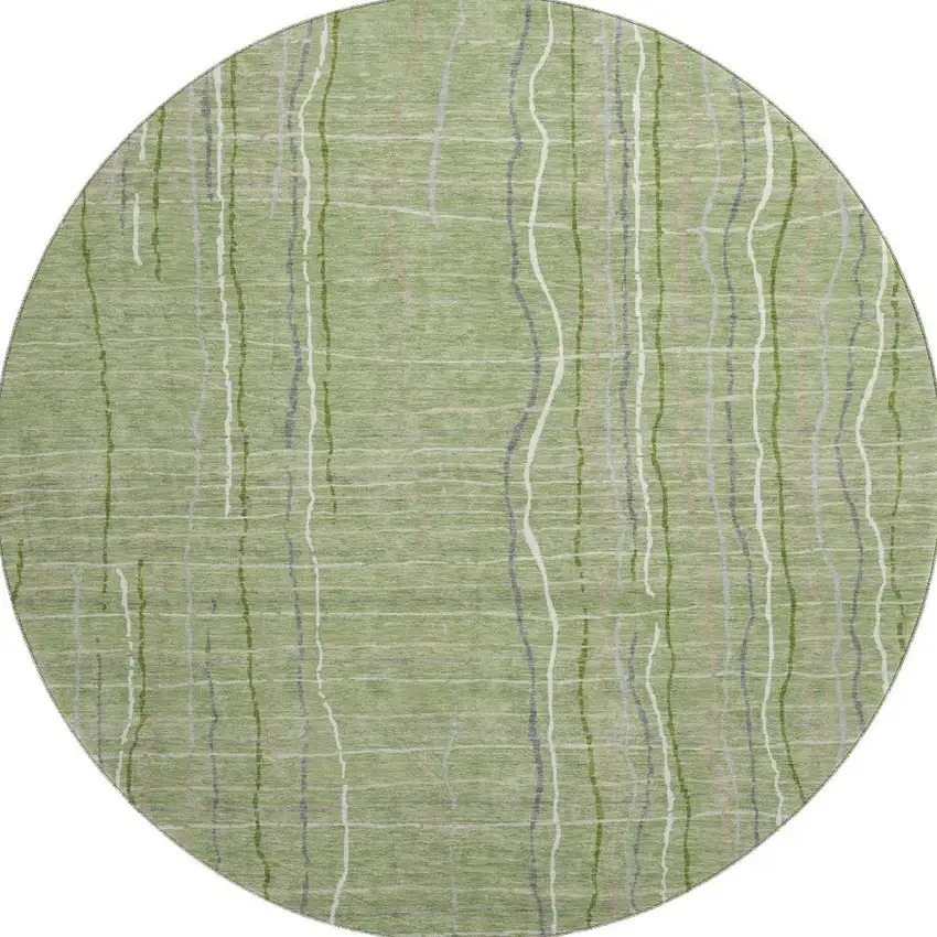 8' Green Ivory And Gray Striped Washable Round Rug With UV Protection Photo 3