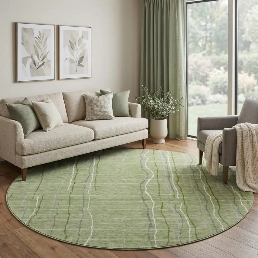 8' Green Ivory And Gray Striped Washable Round Rug With UV Protection Photo 1
