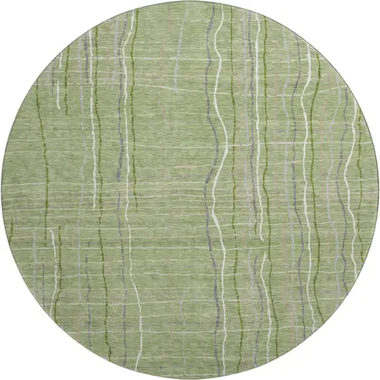 8' Green Ivory And Gray Striped Washable Round Rug With UV Protection Photo 1
