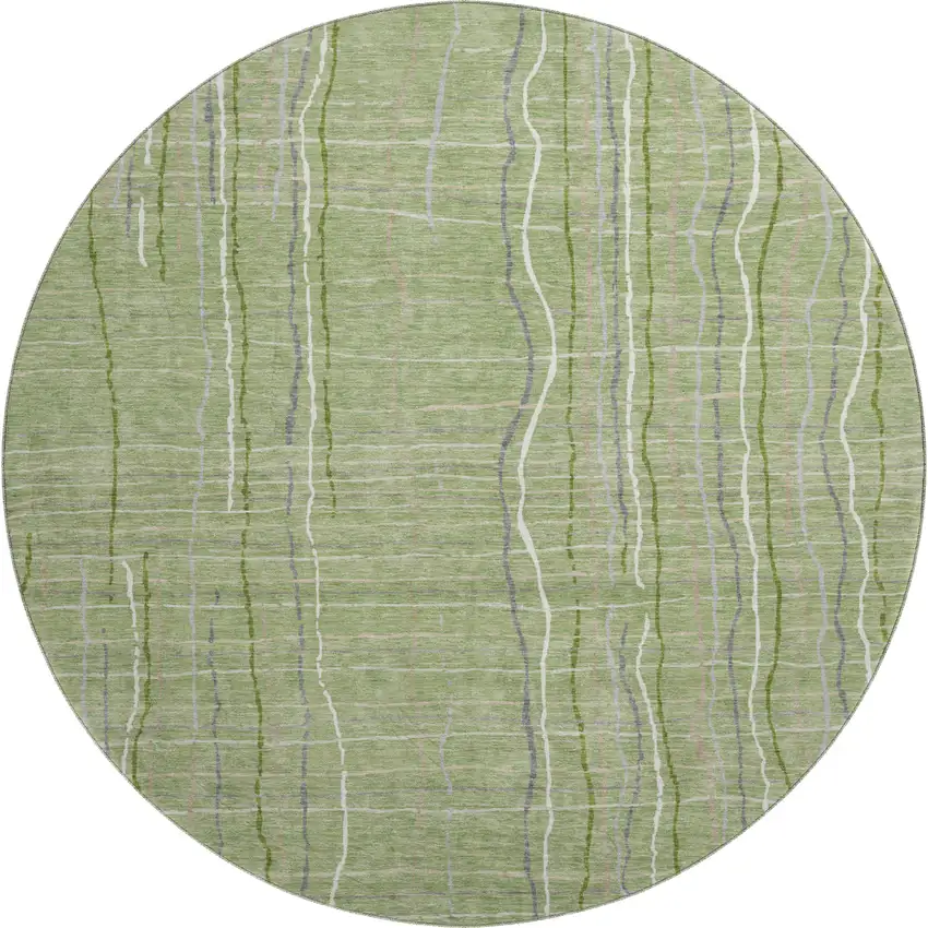 8' Green Ivory And Gray Striped Washable Round Rug With UV Protection Photo 1