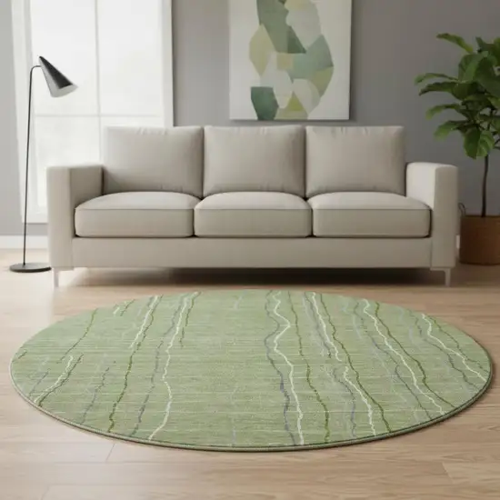 8' Green Ivory And Gray Striped Washable Round Rug With UV Protection Photo 2