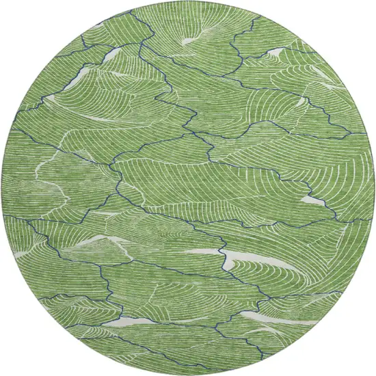 8' Green Ivory And Navy Blue Abstract Washable Round Rug With UV Protection Photo 1