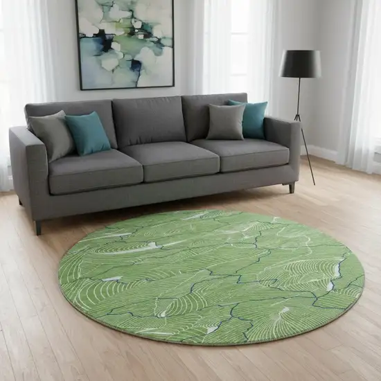8' Green Ivory And Navy Blue Abstract Washable Round Rug With UV Protection Photo 2