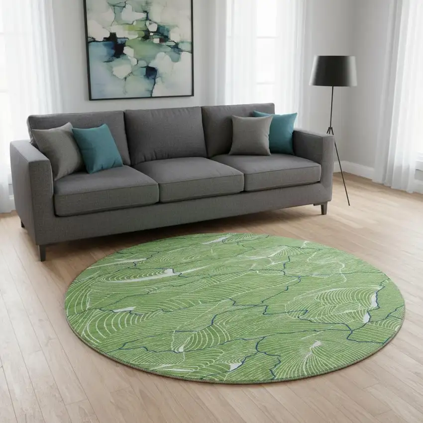 8' Green Ivory And Navy Blue Abstract Washable Round Rug With UV Protection Photo 2
