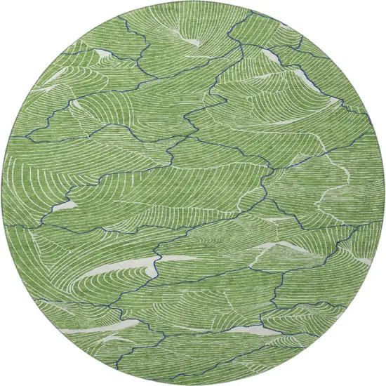 8' Green Ivory And Navy Blue Abstract Washable Round Rug With UV Protection Photo 3