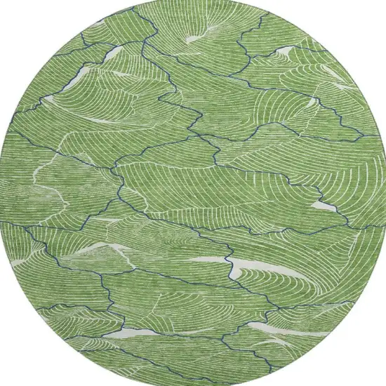 8' Green Ivory And Navy Blue Abstract Washable Round Rug With UV Protection Photo 2