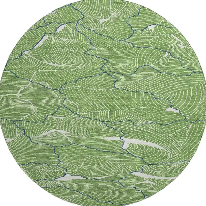 8' Green Ivory And Navy Blue Abstract Washable Round Rug With UV Protection Photo 2