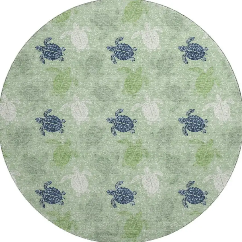 8' Green Ivory And Navy Blue Geometric Washable Round Rug With UV Protection Photo 3