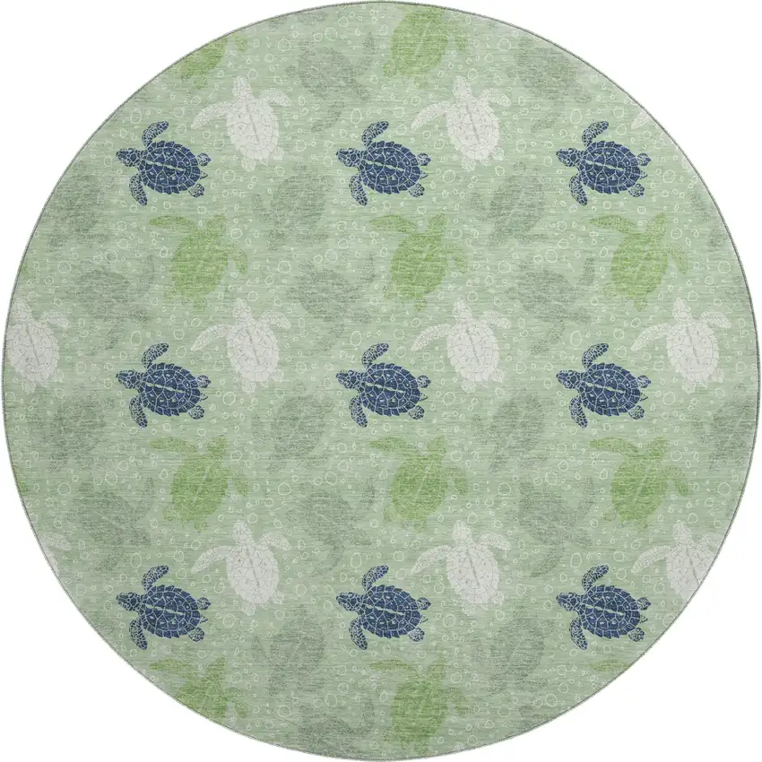 8' Green Ivory And Navy Blue Geometric Washable Round Rug With UV Protection Photo 1