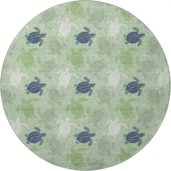 8' Green Ivory And Navy Blue Geometric Washable Round Rug With UV Protection Photo 4