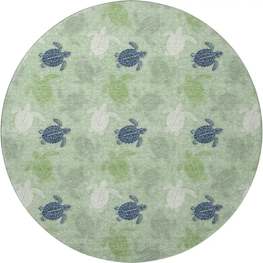 8' Green Ivory And Navy Blue Geometric Washable Round Rug With UV Protection Photo 4