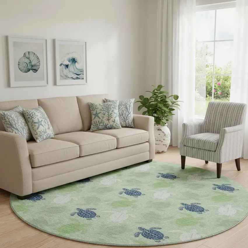 8' Green Ivory And Navy Blue Geometric Washable Round Rug With UV Protection Photo 1