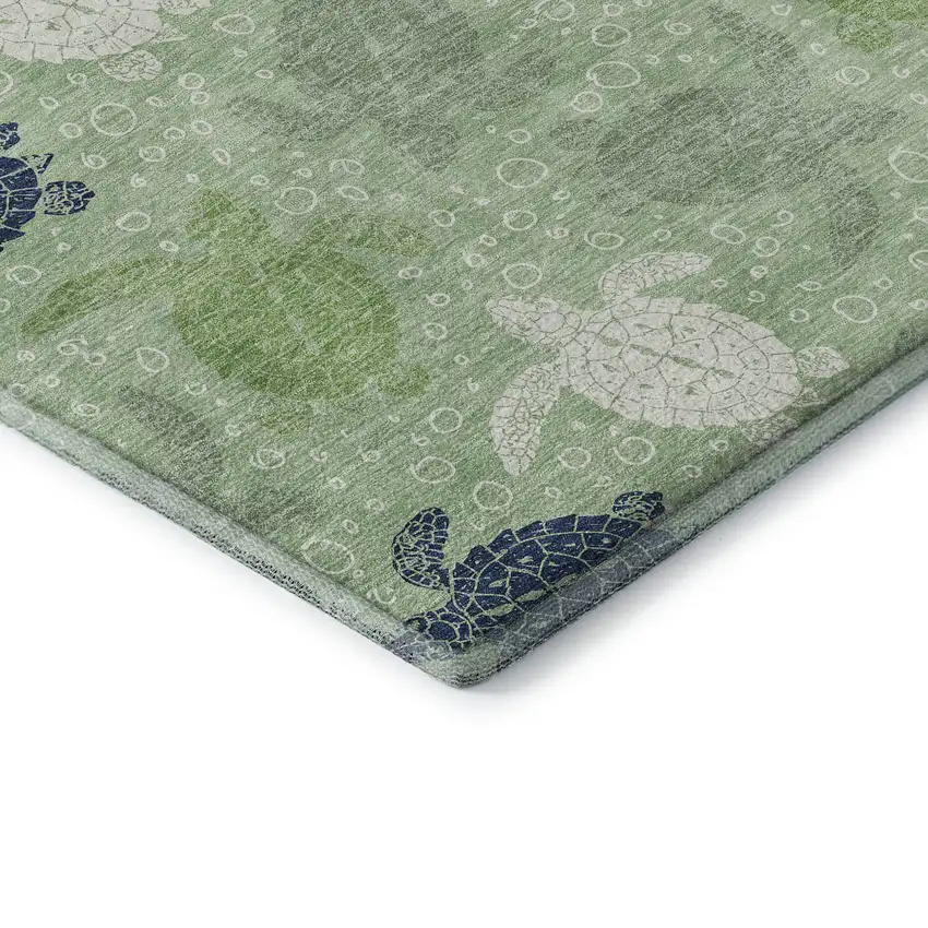 8' Green Ivory And Navy Blue Geometric Washable Round Rug With UV Protection Photo 7