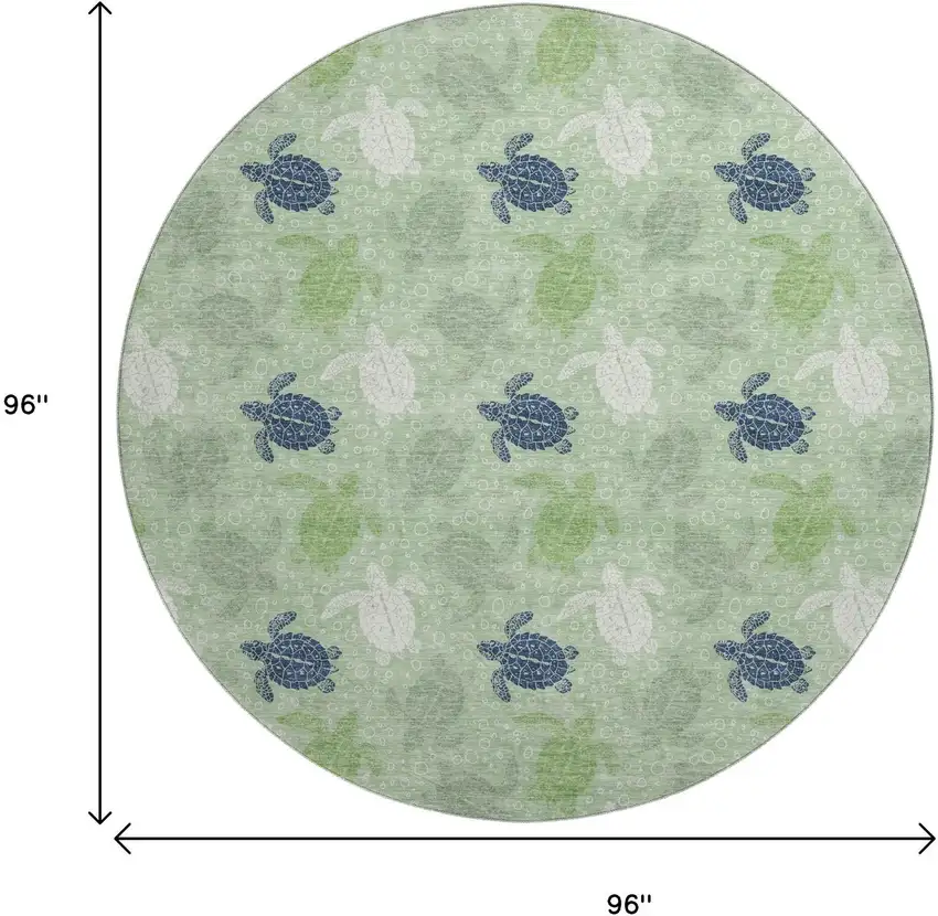 8' Green Ivory And Navy Blue Geometric Washable Round Rug With UV Protection Photo 3