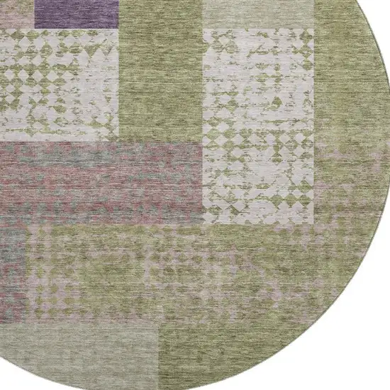 8' Green Ivory And Purple Geometric Washable Round Rug With UV Protection Photo 2