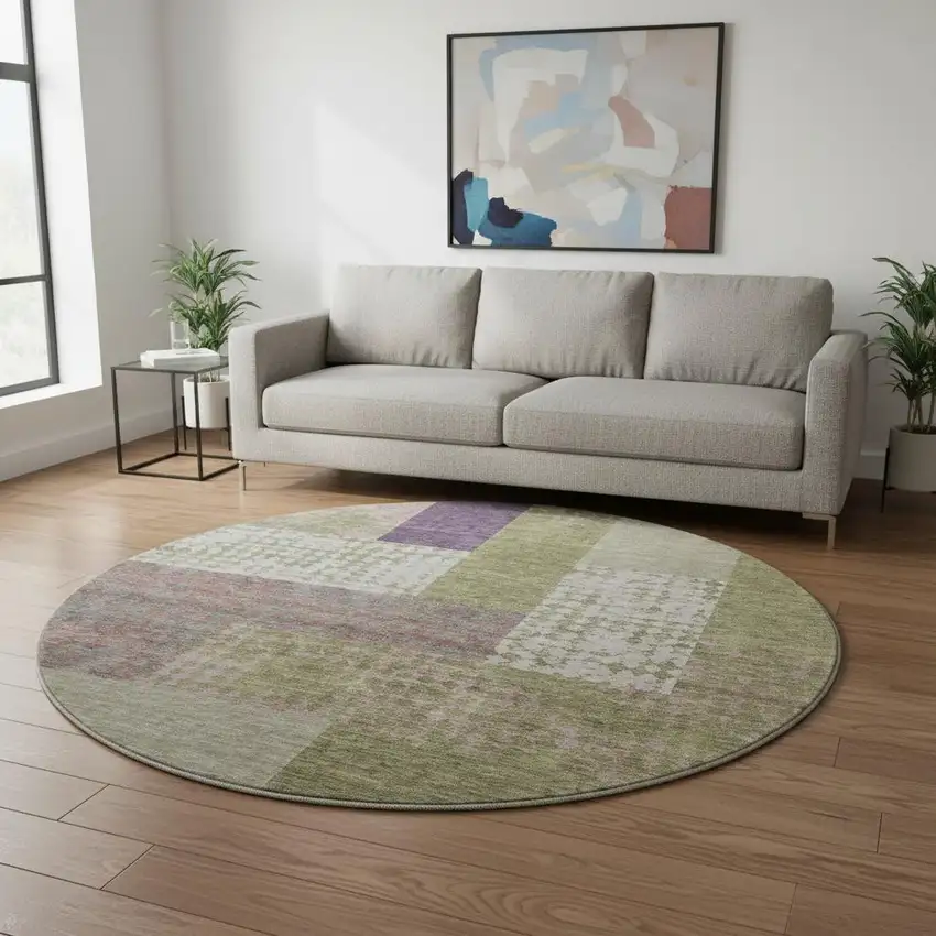 8' Green Ivory And Purple Geometric Washable Round Rug With UV Protection Photo 2