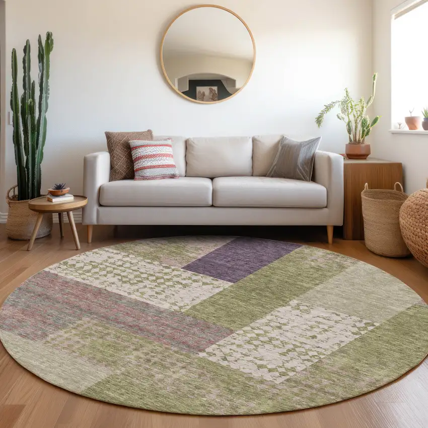 8' Green Ivory And Purple Geometric Washable Round Rug With UV Protection Photo 4
