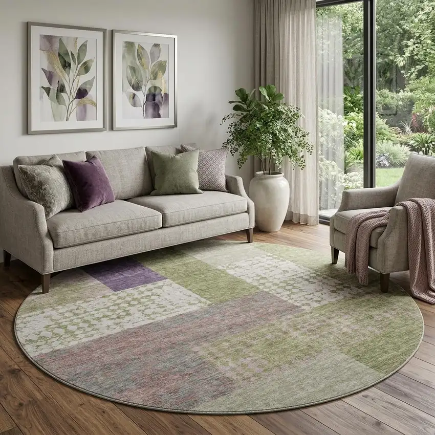 8' Green Ivory And Purple Geometric Washable Round Rug With UV Protection Photo 1