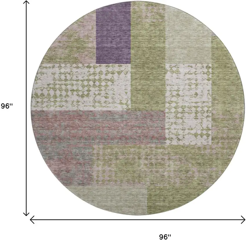 8' Green Ivory And Purple Geometric Washable Round Rug With UV Protection Photo 9