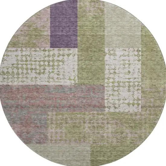 8' Green Ivory And Purple Geometric Washable Round Rug With UV Protection Photo 3