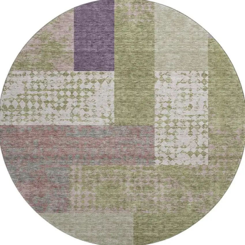 8' Green Ivory And Purple Geometric Washable Round Rug With UV Protection Photo 3