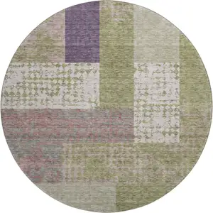 Photo of 8' Green Ivory And Purple Geometric Washable Round Rug With UV Protection