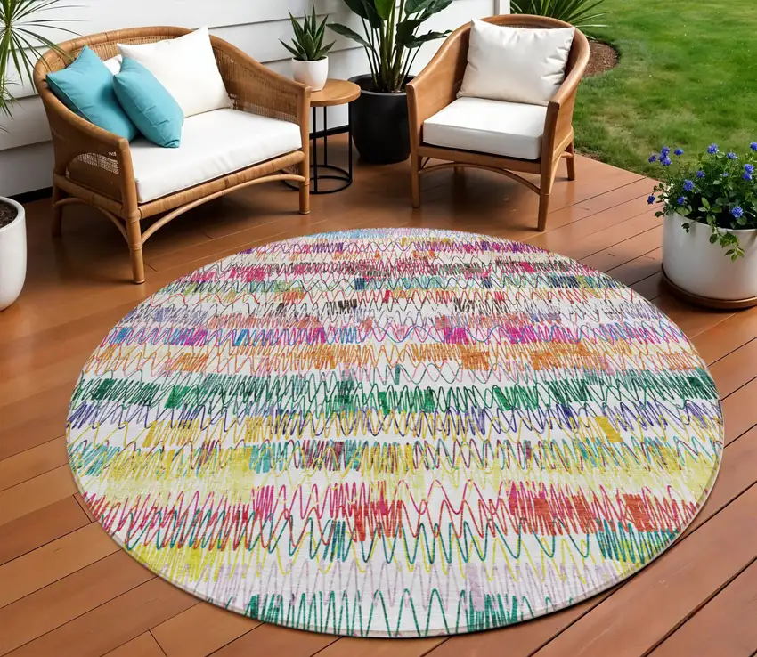 8' Green Ivory And Purple Round Striped Washable Indoor Outdoor Area Rug Photo 1